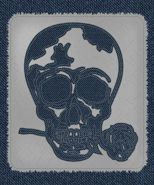 Ein cooles Totenkopf-Tattoo als Blue-Jeans-Element. Totenkopf mit Rose im Mund. Vektor-Patch, Fragmente. — Stockvektor