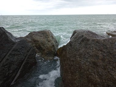 Sahilde okyanus dalgaları kıyıya vuruyor. Gri, siyah, beyaz, deniz kıyısında.