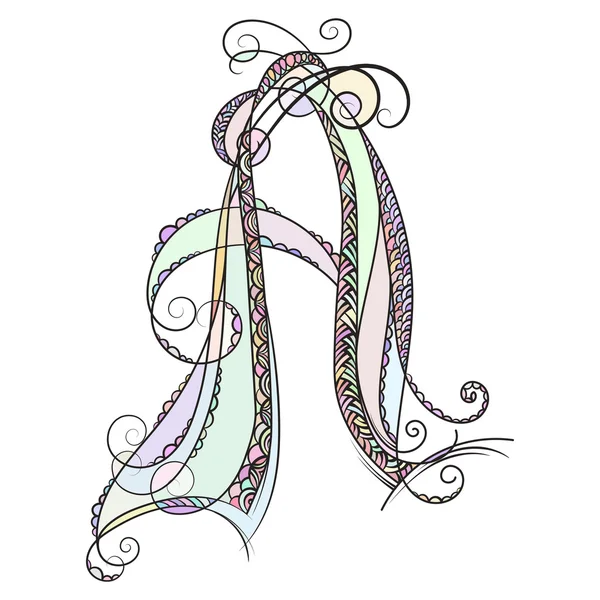 Monograma de Zentangle A. Personaje colorido del alfabeto de Doodle con patrones y adorno de zentangle — Vector de stock