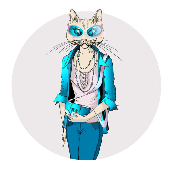 Модная иллюстрация девушки-кошки, одетой в стиле casual
