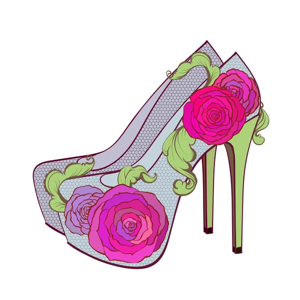 Fasion alta calcanhar sapatos com rosase folhas vintage — Vetor de Stock