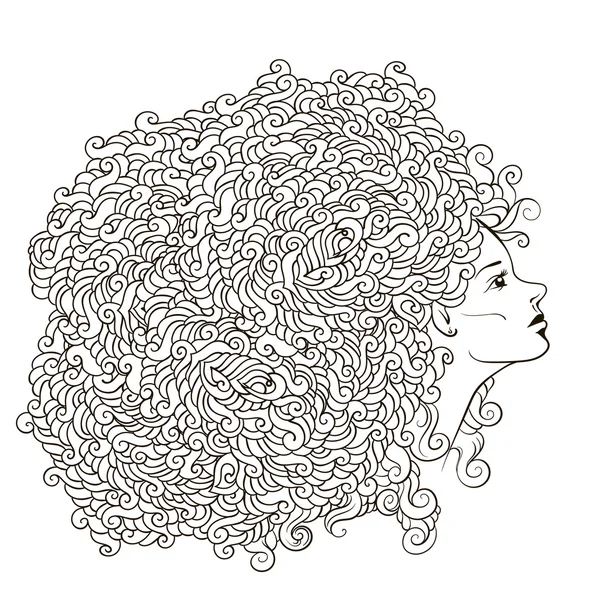 Vektorové dívka s abstraktní květinový věnec na hlavu. Nezabarvených kontury obrázku. Lze použít jako dospělé omalovánky, karty, pozvánka, tričko tisk. — Stockový vektor