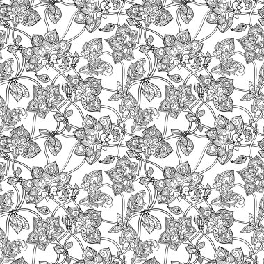 Dekoratif stilize çiçek siyah beyaz tek renkli ile karmaşık Dikişsiz desen