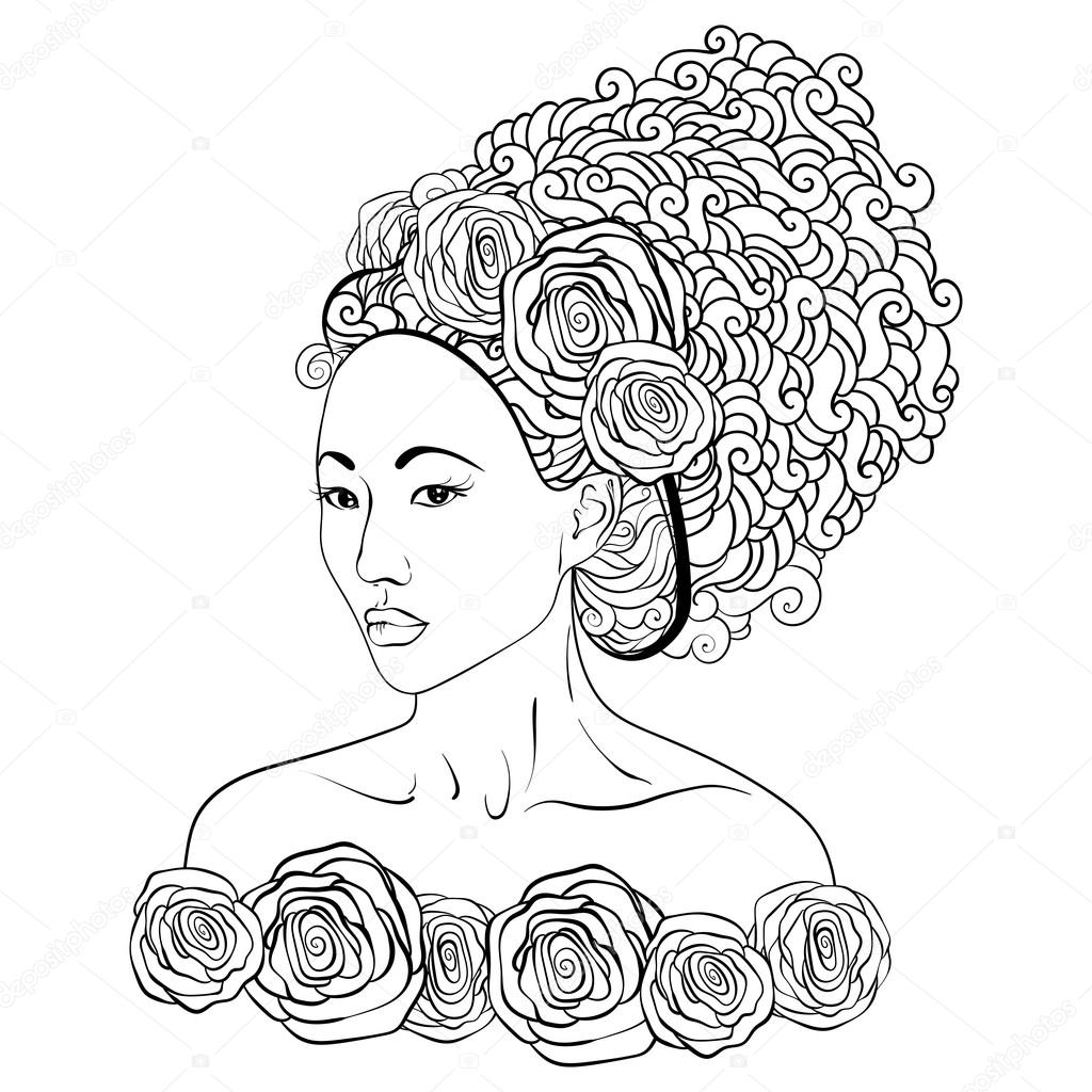 Hand-drawn vector illustration  of a asian beautiful women with doodle hair and roses