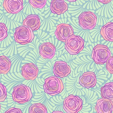 Seamless pattern with pink roses on cute curls in soft pistachio color