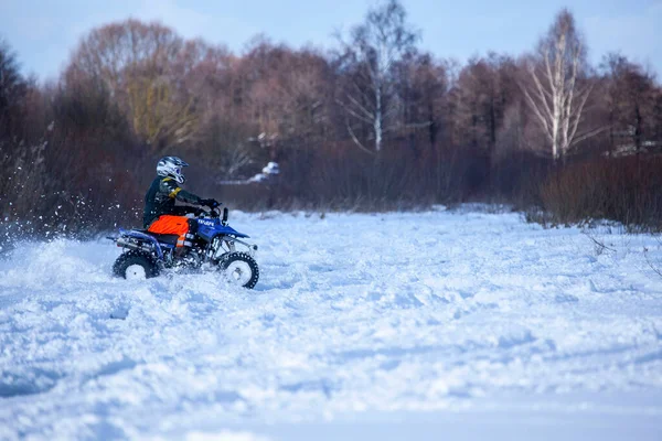 Passeio Inverno Bicicleta Quádrupla Floresta Inverno Dia Inverno — Fotografia de Stock