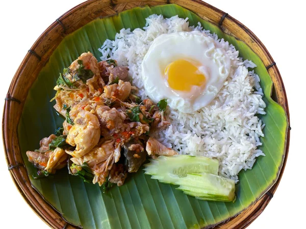 Rýže Zakončená Smaženým Vepřovým Nebo Hovězím Masem Bazalkou Prodej Thajském — Stock fotografie