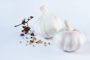 Sarımsak karanfilleri biberle izole edilmiş ve baharatlar Asyalıların malzemesidir. Arka plan olarak kullanılır, metin için kopyalama alanı vardır..