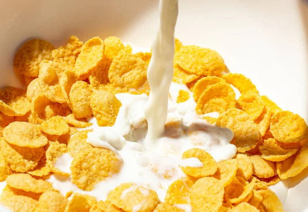 Image Close Corn Cereal Pouring Milk Mixed Add Flavor Taste — Stock Photo, Image