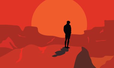 Sunset 'te ya da Sunrise' da Duran Adam 'la vektör manzarası. Vahşi Batı teması üzerine dekoratif illüstrasyon. Batı vintage arkaplanı