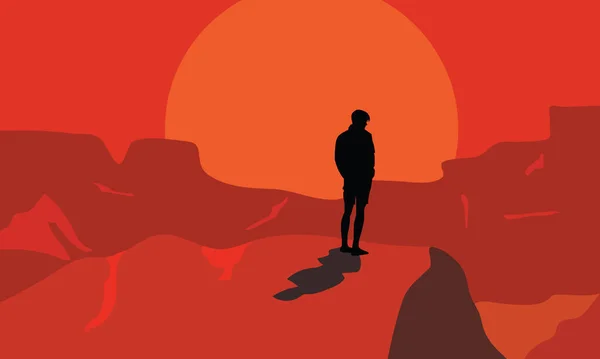 Paisaje Vectorial Con Hombre Parado Atardecer Amanecer Ilustración Decorativa Sobre — Vector de stock