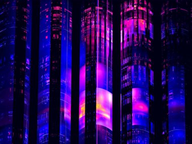 Soyut 3D illüstrasyon - koyu arkaplan üzerinde parlak fütürist kuleler