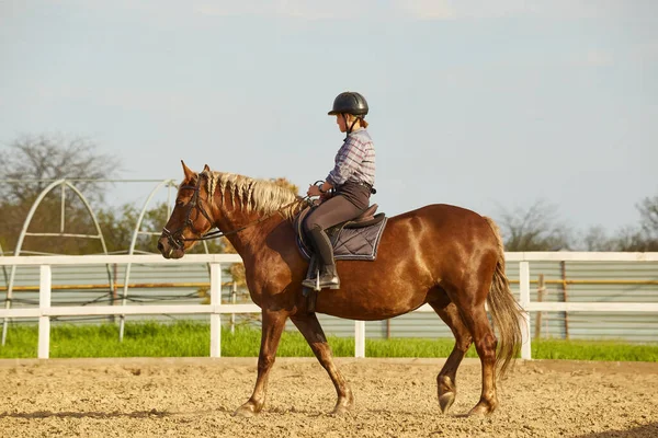 Junges Mädchen reitet Pferd mit heller Mähne — Stockfoto