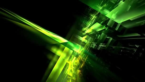 Antecedentes de tecnología abstracta, vuelo en el ciberespacio verde en la oscuridad — Vídeos de Stock