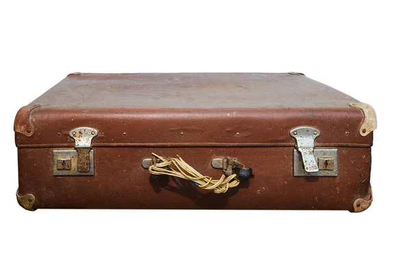 Παλιά άθλια βαλίτσα χωρίς λαβή απομονωμένη σε λευκό φόντο — Φωτογραφία Αρχείου