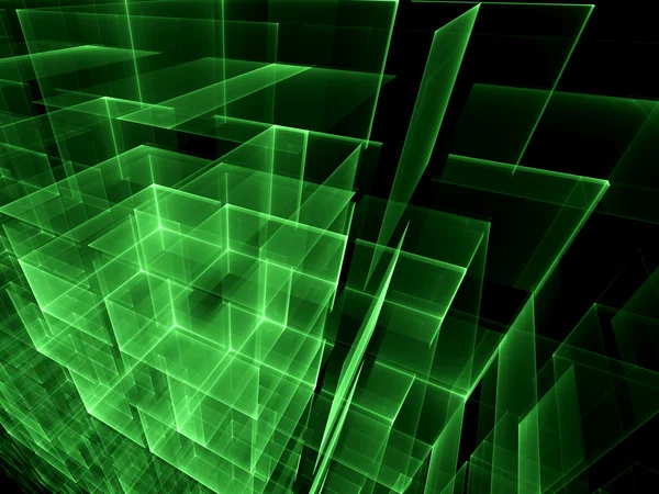 Abstract computer-generated image glowing green cubes on dark ba — Stockfoto