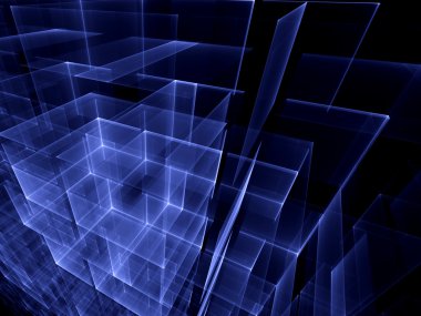 Abstract computer-generated image glowing blue cubes on dark bac