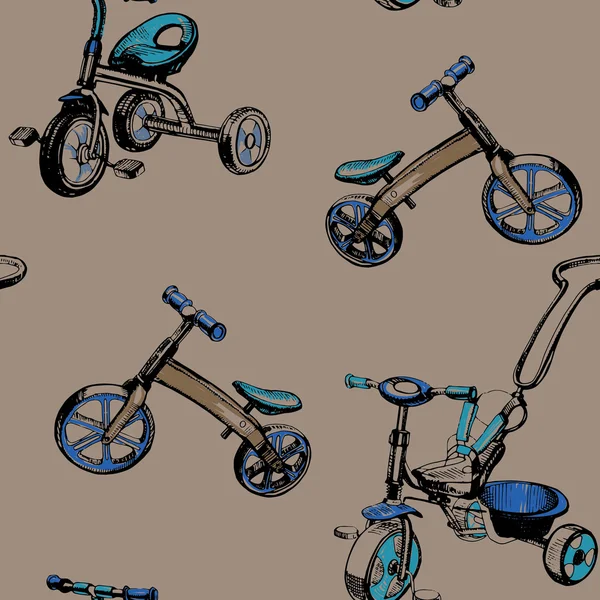 Modello senza soluzione di continuità disegnato a mano baby scooter e biciclette — Vettoriale Stock