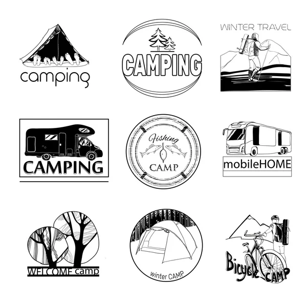 Conjunto de etiquetas de campamento y gráficos de logotipo, sello, impresión, icono — Vector de stock