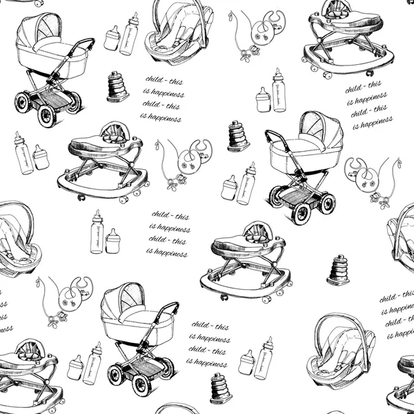Seamless pattern hand drawn baby pram, baby walker, bib, bottles — Stock Vector