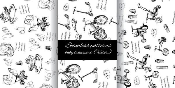 Set seamless pattern of hand drawn baby transport — Stock Vector