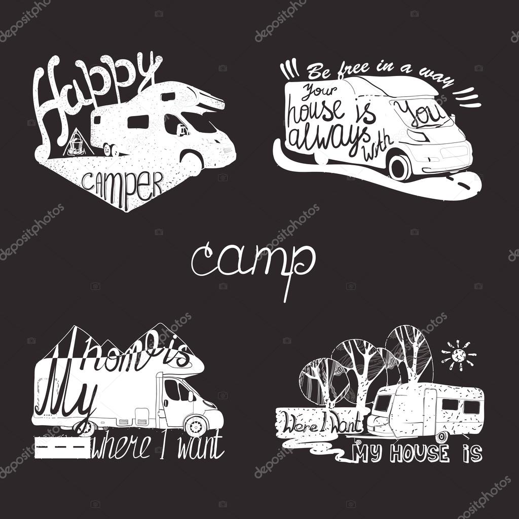 Vector illustration of set lettering travel, typographic, camp calligraphy, silhouette tent, camping.