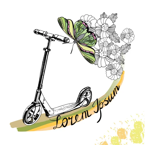 Hand getekend Kick scooter, vlinder en bloemen met tekst op whit — Stockvector