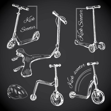 elle çizilmiş etiketleri tekme scooter ile ayarlama. Tebeşir tahtası logolar