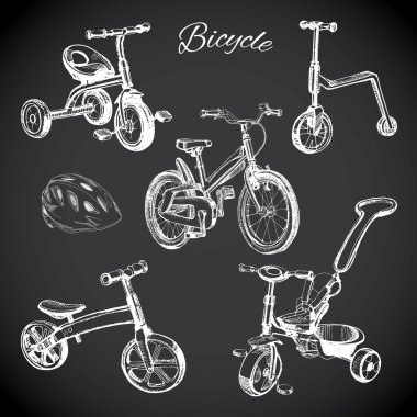 chalk board set with hand drawn bicycles and balance bike, helme clipart