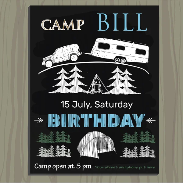 Invitación de pizarra para el cumpleaños en el campamento. Lettering invi — Archivo Imágenes Vectoriales