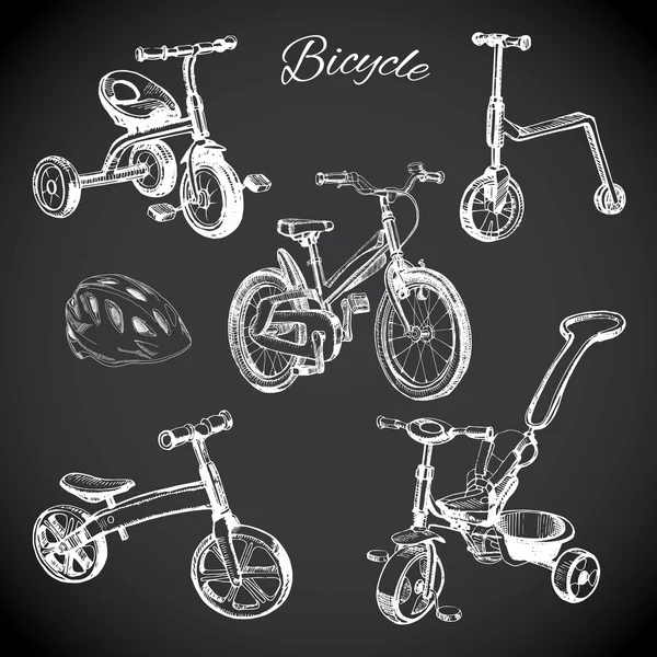 Set de pizarra con bicicletas dibujadas a mano y bicicleta de equilibrio, helme — Vector de stock