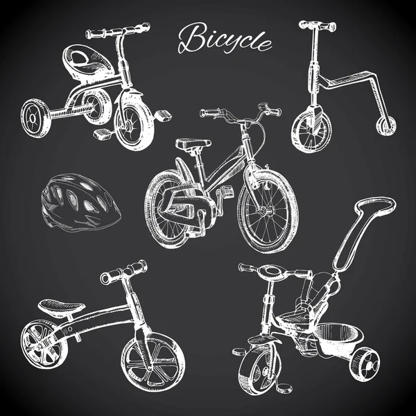 Krita ombord set med hand dras cyklar och balans cykel, helme — Stock vektor