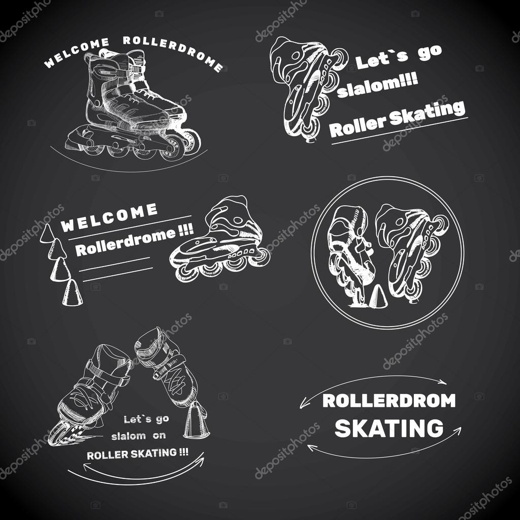 Vector illustration of set for Roller Skates with text. Hand drawn logos, labels of chalk on grey background. Vintage style.