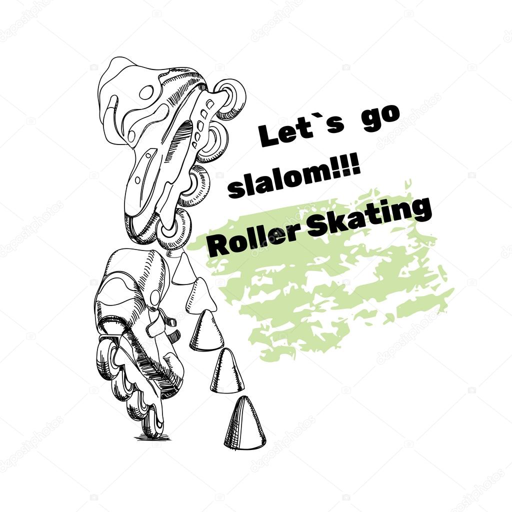 Vector illustration of set for Roller Skates with text. Isolated logo  hand drawn elements for logo. Let is go slalom. Roller Skating