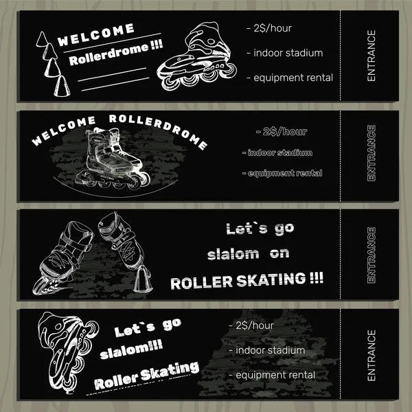 チョークのローラー スケートと Rollerdrom の手描きチケットを設定します。 — ストックベクタ
