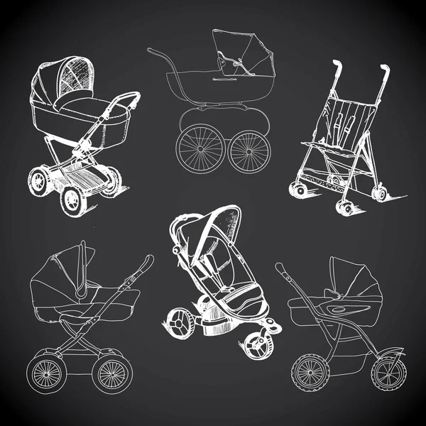 Instellen van de hand getekende kinderwagen, wandelwagen, draagzak baby stro — Stockvector