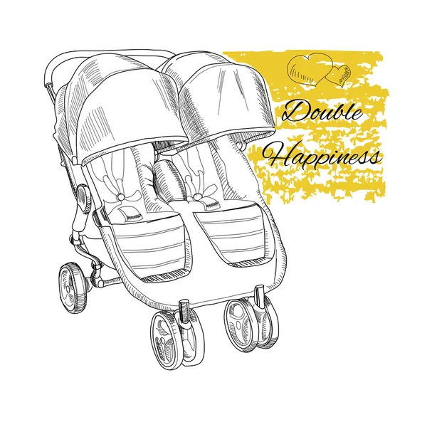 Hand drawn stroller for twins. Double happiness — Stock Vector