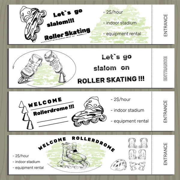 Mettre des billets dessinés à la main sur Rollerdrom avec Roller Skate et équiper — Image vectorielle