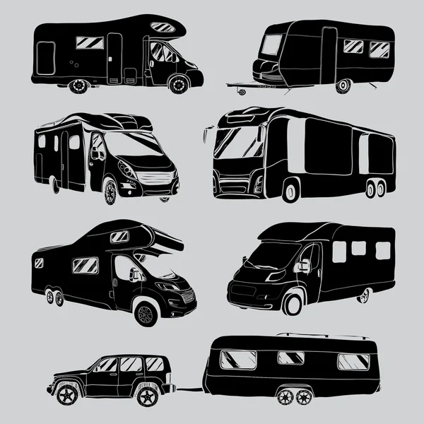 Auto's recreatievoertuigen Camper bestelwagens Caravans pictogrammen — Stockvector