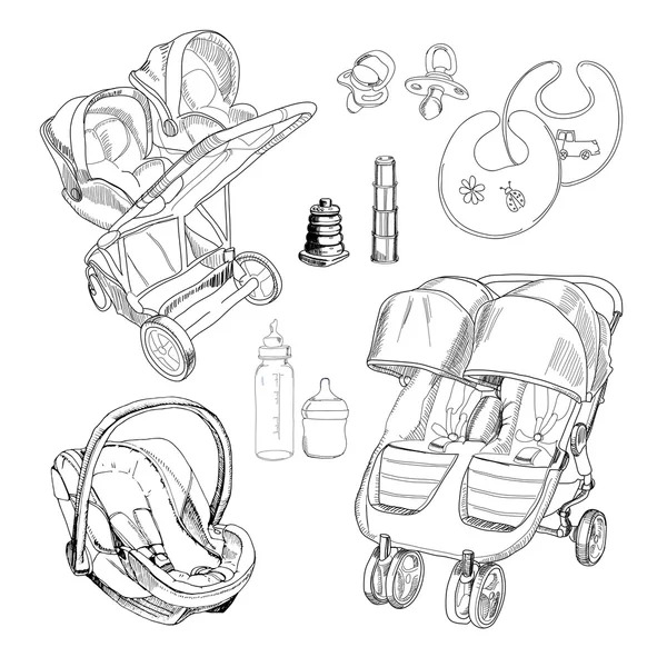 Hand drawn set for twins. Graphic sketch strollers, car seats, — Stock Vector