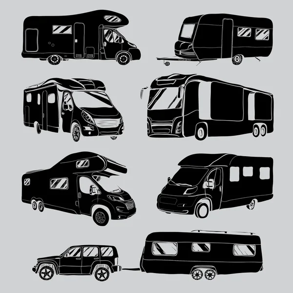 Легковые автомобили Camper Vans Caravans Icons Стоковый вектор