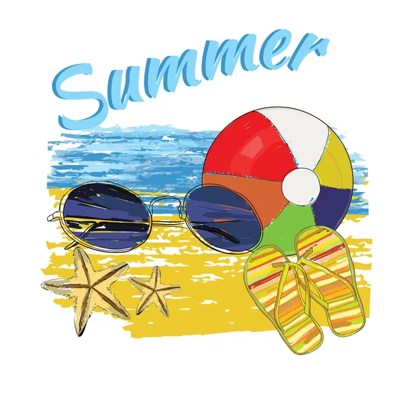 Fondo verano con letras, bola, gafas de sol, pizarras, cielo a — Vector de stock