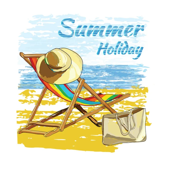 Background summer with lettering, recliner on the sand with hat . — стоковый вектор