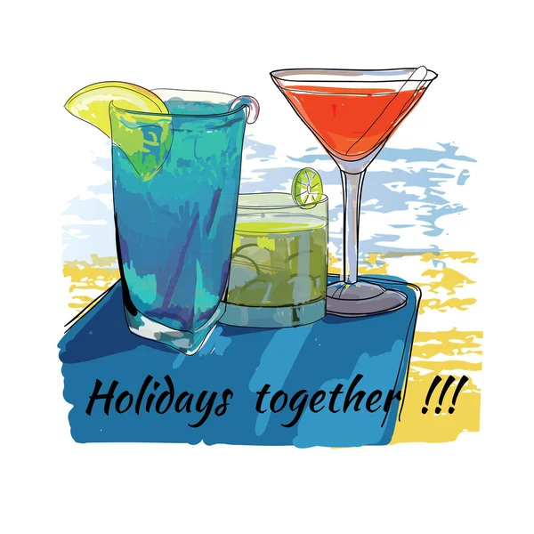 Cocktails mis pour la plage. Vacances ensemble. Croquis dessiné à la main el — Image vectorielle