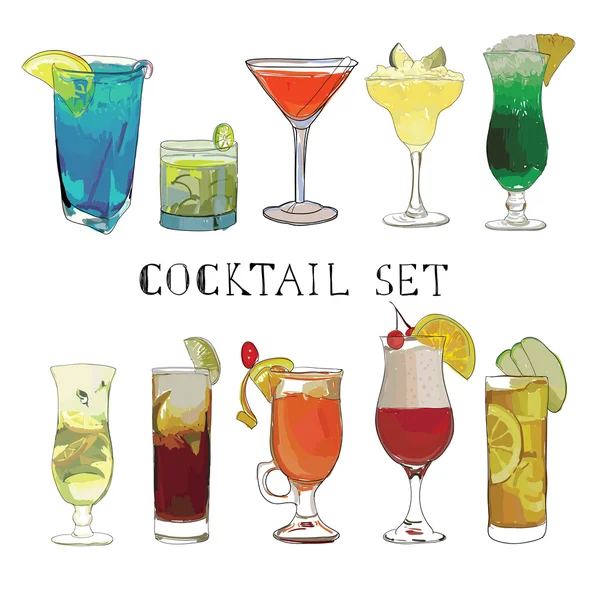 Cocktail hand dras, dekorativa ikoner set med margarita mojito — Stock vektor