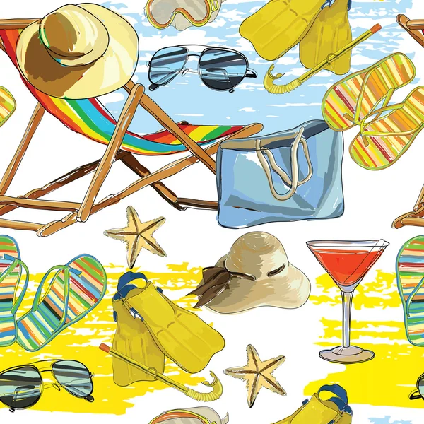 Verão padrão sem costura, reclinável na areia com chapéu, vidro solar — Vetor de Stock