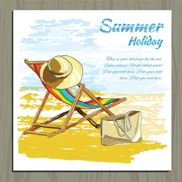 Viaje colorido diseño tropical reclinable en la arena con sombrero .. — Vector de stock