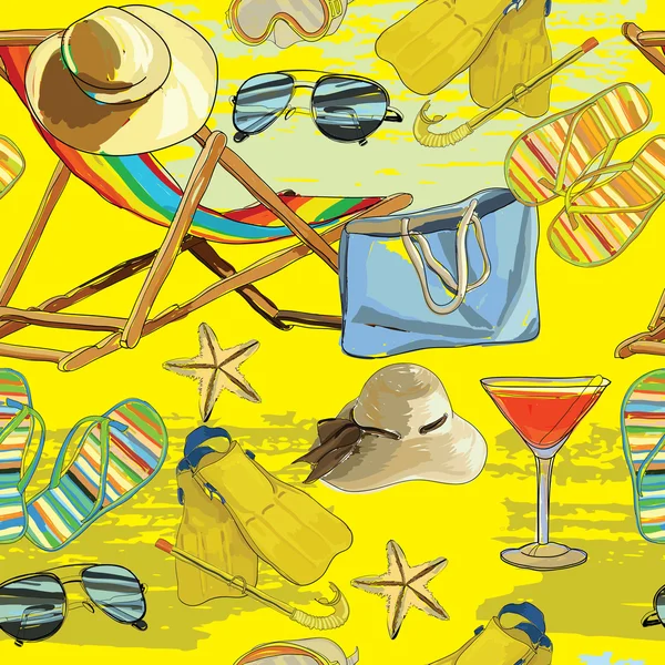 Летний бесшовный узор, кресло на песке в шляпе, солнцезащитные очки — стоковый вектор