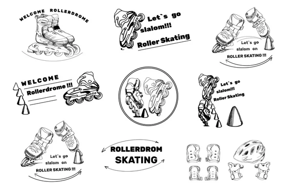 Set hand drawn labels, logos for Roller Skates sports. Drawing d Vector Graphics