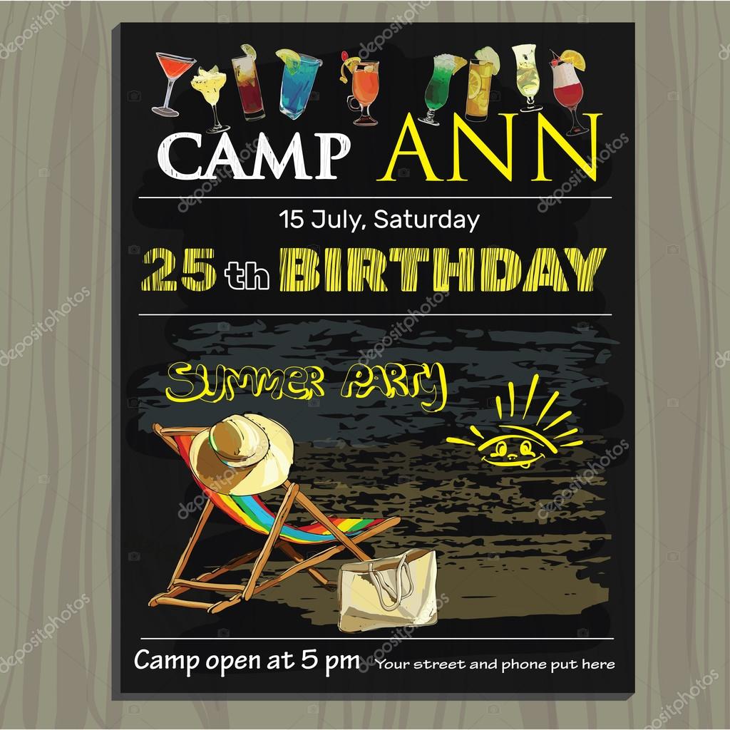 Vector illustration of chalk board invitation  for birthday, holiday in the camp on the beach. Lettering invitation on chalk board. Summer party.